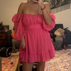 Lucy in the Sky Vibrant Pink Off-Shoulder Mini Dress